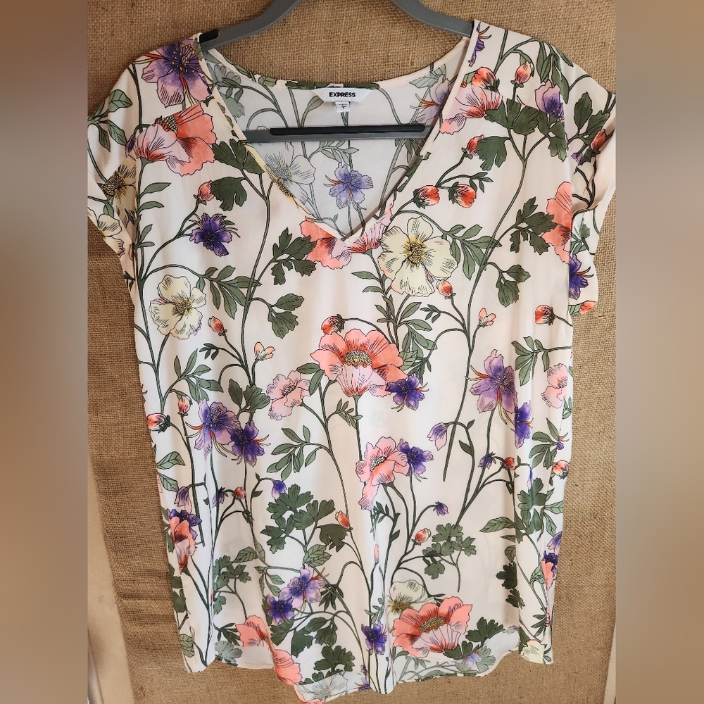 Express Floral V-Neck Blouse in Cream with Pink & Purple Flowers